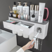 Toothbrush Holders for Bathrooms,4 Cups Toothbrush Holder Wall Mounted with Toothpaste Dispenser,Large Capacity Tray,2 Cosmetic Drawer and 7 Brush Slots with Cover Tooth Brush Holder