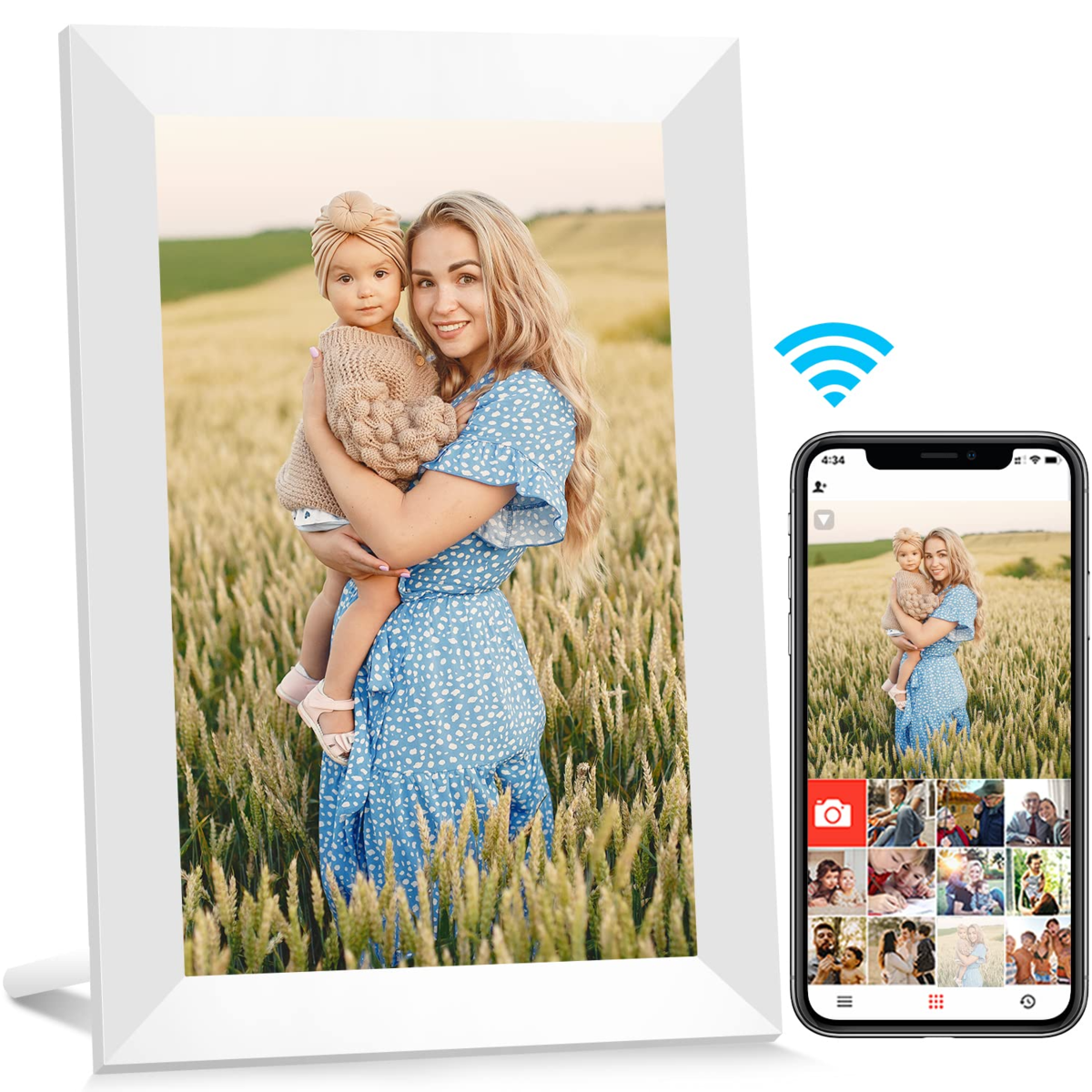 WiFi Digital Picture Frame,10.1 Inch 720P IPS Touchscreen Smart Cloud Photo Frame with 32GB Storage,Auto-Rotate,Wall Mountable (White)