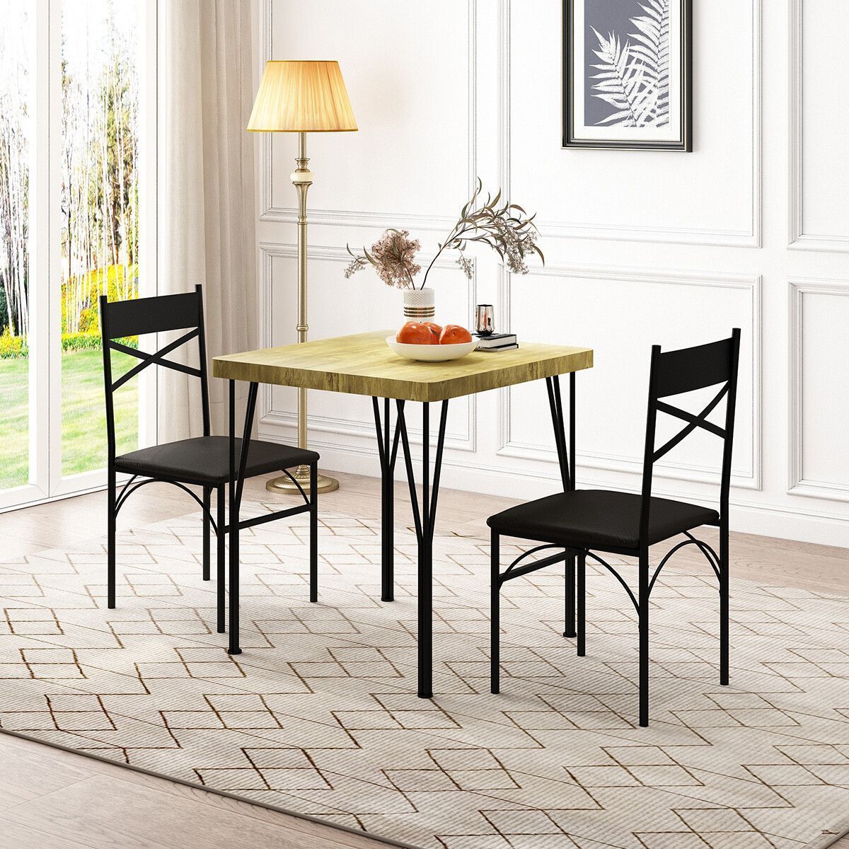 Dining Table Set 2 Chairs 3-Piece Kitchen Breakfast Room Bar Pub Counter Stool Outdoor Backrest Wood Steel Oak Black