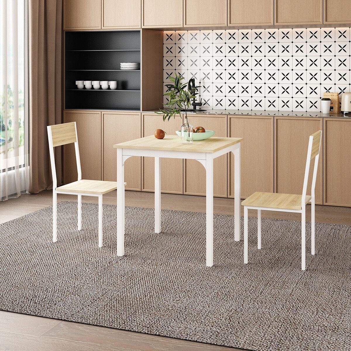 Dining Table Set 2 Chairs Wooden 3-Piece Kitchen Breakfast Room Bar Pub Counter Stool Outdoor Backrest Steel Modern