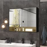 Bathroom Mirror Cabinet Medicine Shaving Shaver Cupboard Wall Storage Organiser Shelves Furniture with LED Lights Doors Black