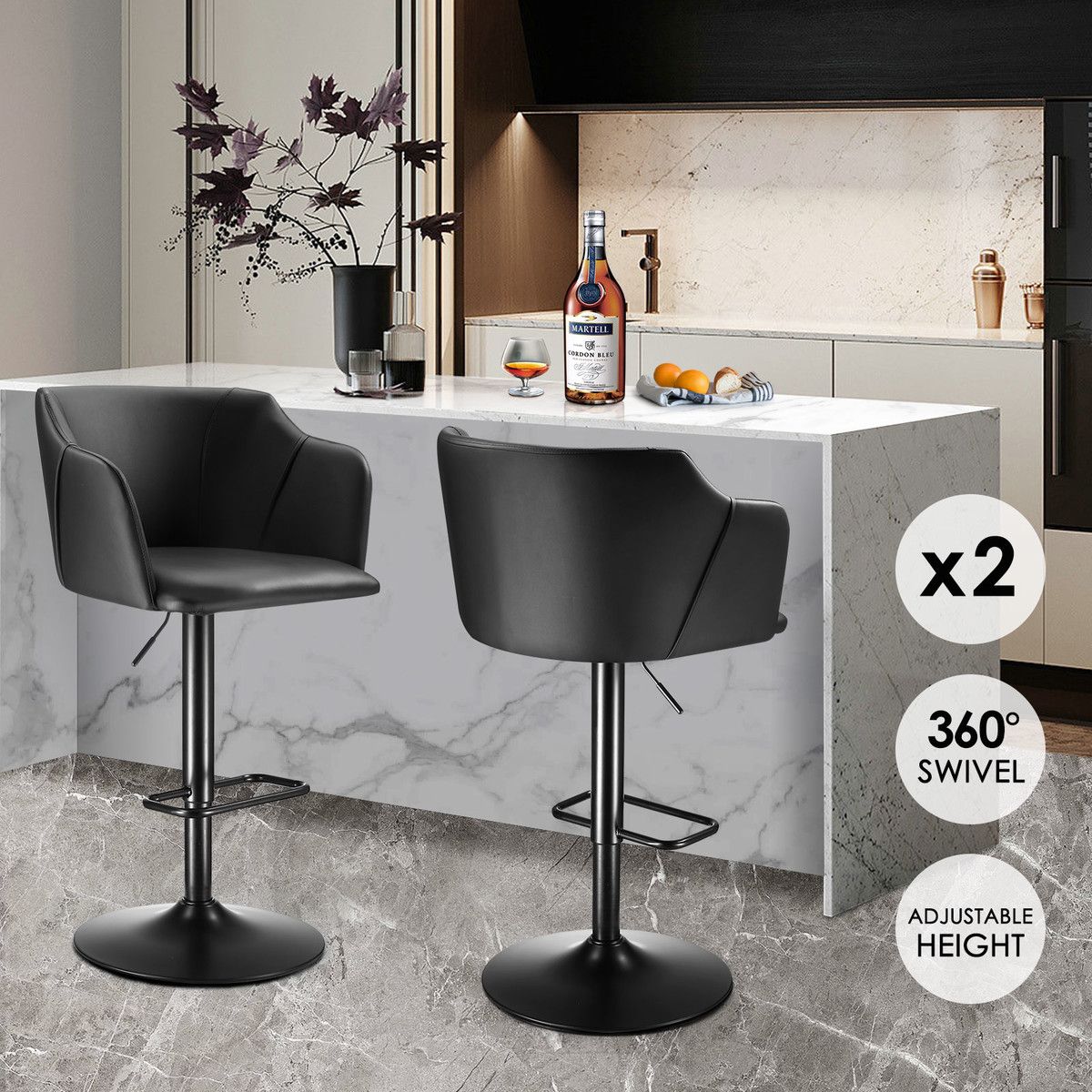 Bar Stool Set of 2 Black Dining Chairs Modern Kitchen Island Counter Breakfast Pub Backrest Armrests 360-Degree Swivel Metal PU Leather Height Adjustable