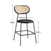 Rattan Bar Stool Set of 2 Black Dining Chair Modern Kitchen Island Counter Height Home Pub Breakfast Cane Backrest Armless Wooden Metal PU Leather