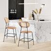 2pcs Rattan Bar Stool Set Kitchen Island Dining Chairs Breakfast Counter Height Home Pub Modern Cane Backrests Armless Brown Wooden Metal PU Leather