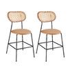 2pcs Rattan Bar Stool Set Kitchen Island Dining Chairs Breakfast Counter Height Home Pub Modern Cane Backrests Armless Brown Wooden Metal PU Leather