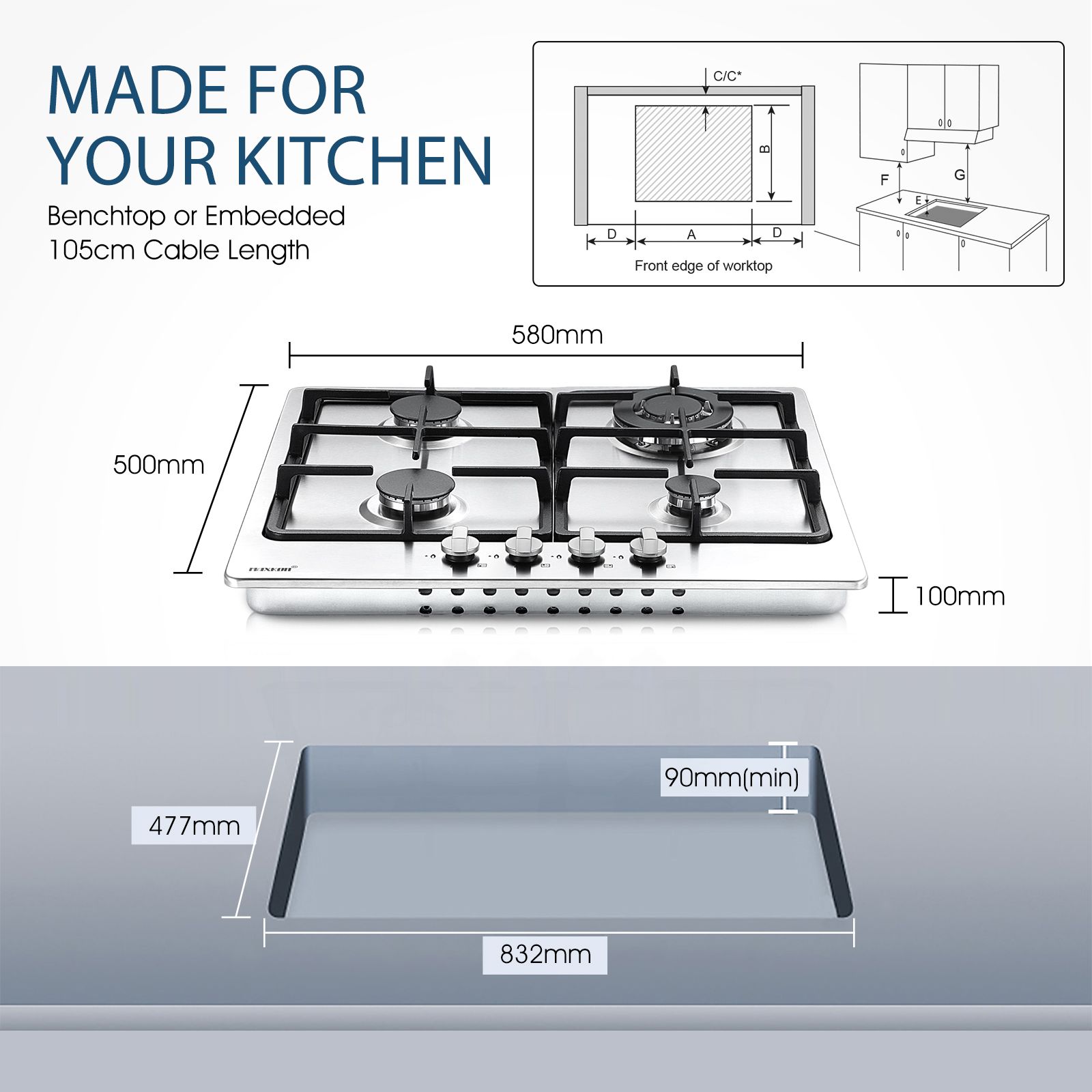 Maxkon Gas Cooktop 4 Burners Cooker 60cm Stove Cook Tops Hobs Stovetop ...