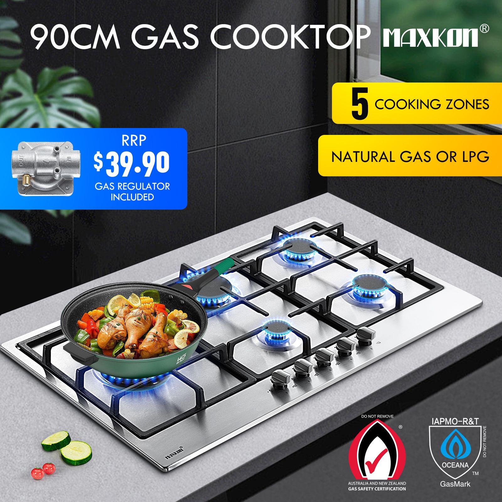 Maxkon 90cm Gas Cooktop Cooker 5 Burners Stoves Hobs Cook Tops Stovetop NG LPG Stainless Steel