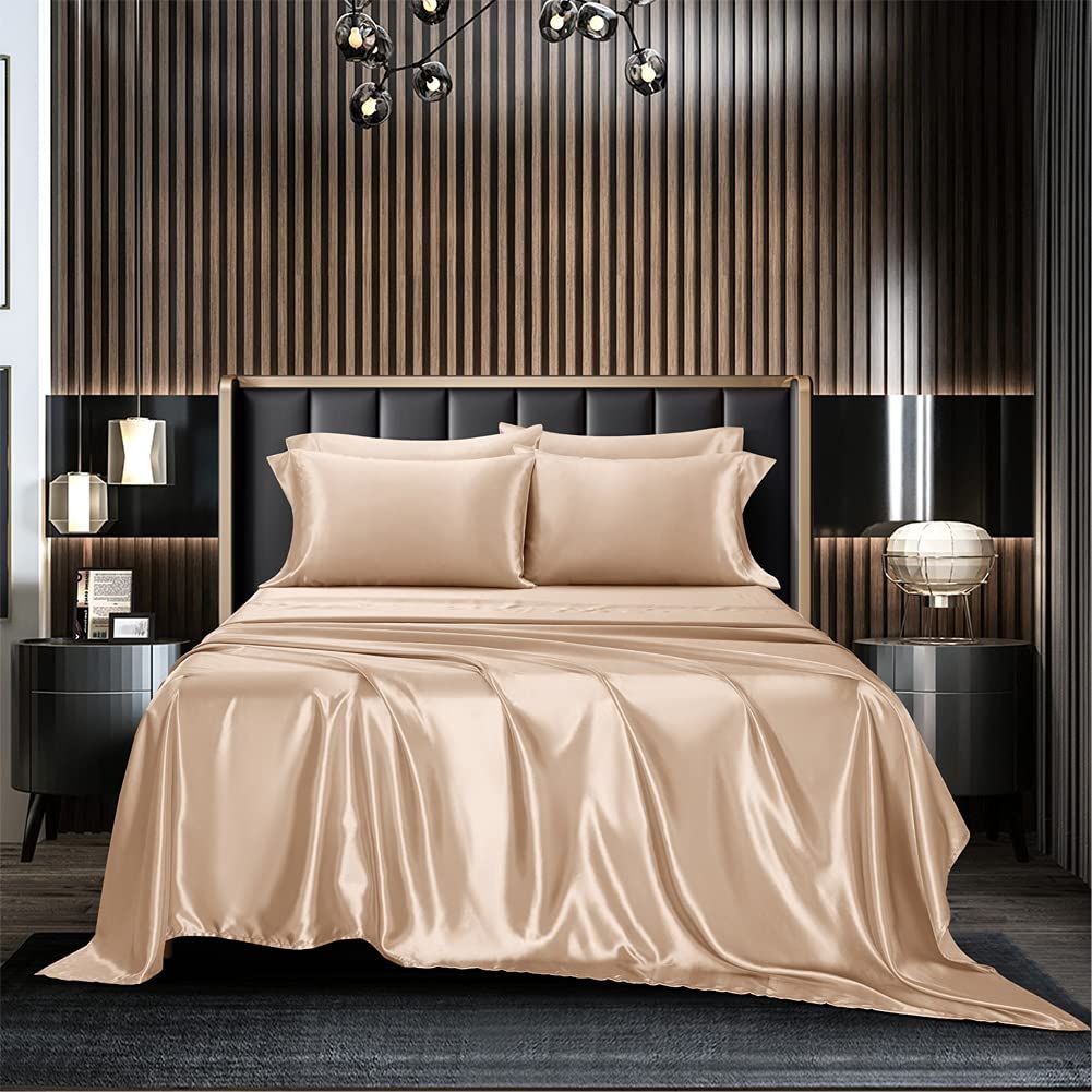 4 Piece Satin Bedding Sheet Pillowcase Sets Luxury Rich Silk Silky Super Soft Solid Color Reversible Stain-Resistant Wrinkle Free (Khaki)