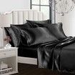 4 Piece Satin Bedding Sheet Pillowcase Sets Luxury Rich Silk Silky Super Soft Solid Color Reversible Stain-Resistant Wrinkle Free (Black)