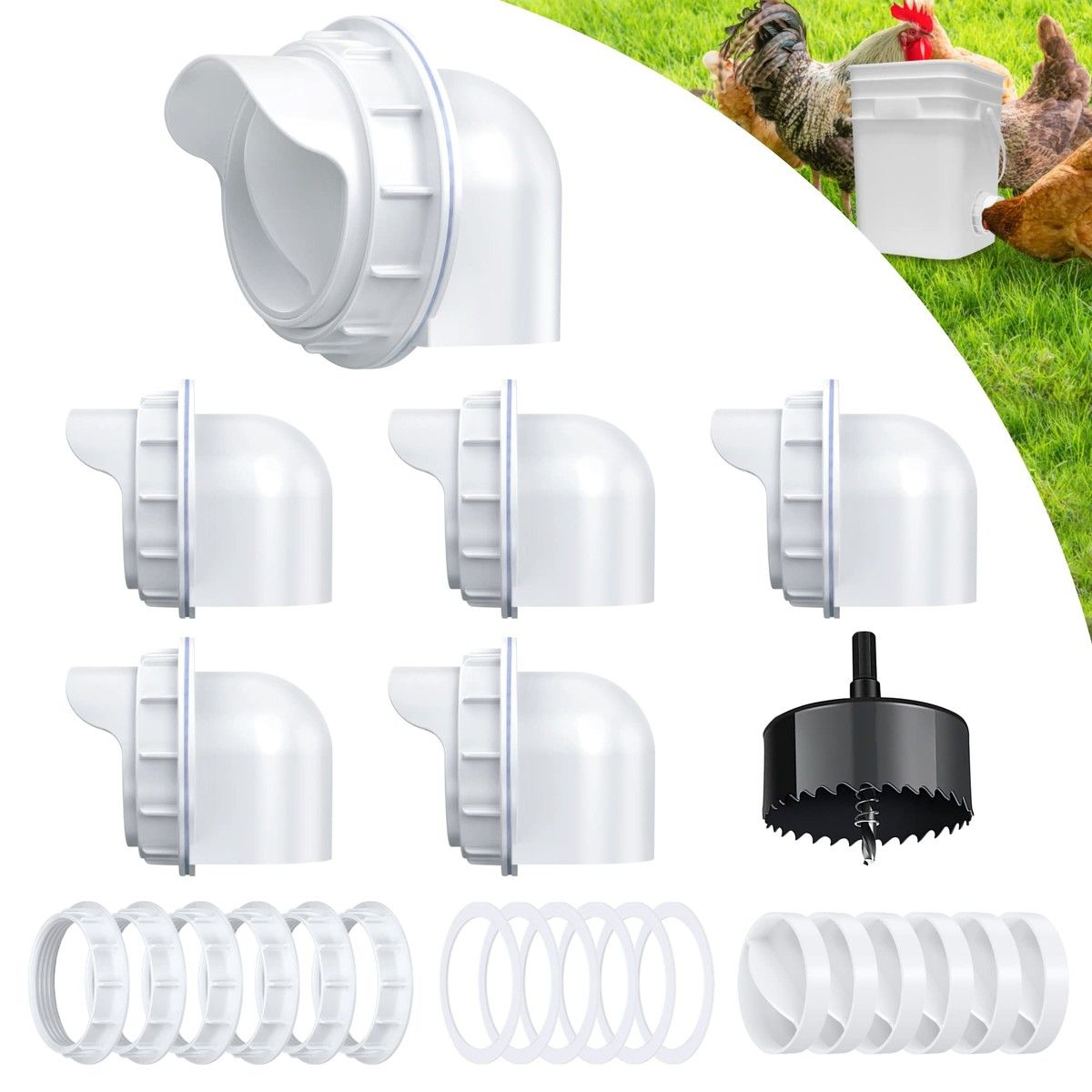 DIY Chicken Feeder No Waste - 6Pcs Automatic Poultry Feeder Port with Stopper & Hole Saw,Waterproof & Rodent Proof Gravity Chicken Feeder Kits (White)