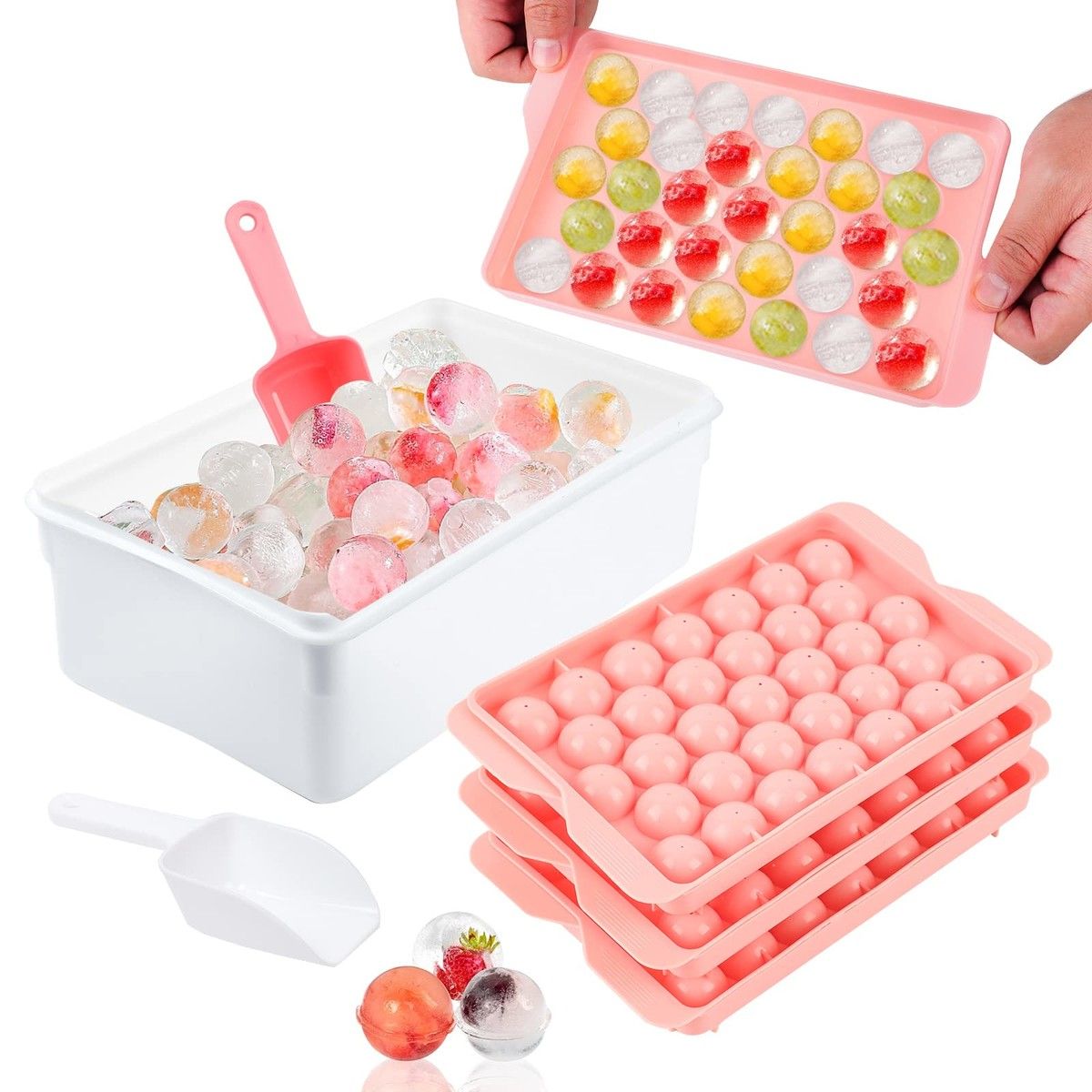 3pc Round Ice Cube Tray with Coolbox, Ice Cube Trays in Mini Ball, Ice Ball for Freezer, 3 x 99 Ice Cube Cocktail, Adapted Whisky ( Ice Cube*3 + box+ Shovel)