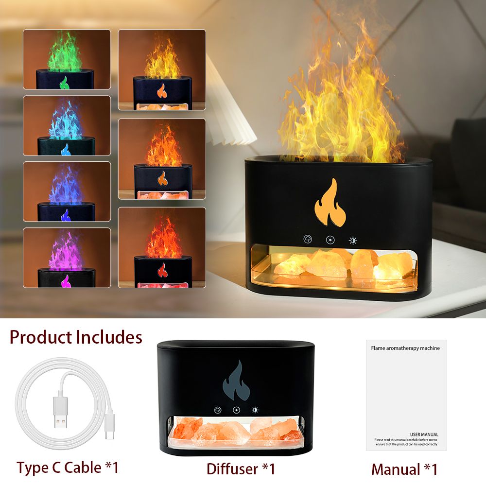 Fireplace Humidifier Crystal Salt Rock Fire Lamp Volcano Air Humidifier Flame Aroma Smell Essential Oil Diffuser for Home Color Black