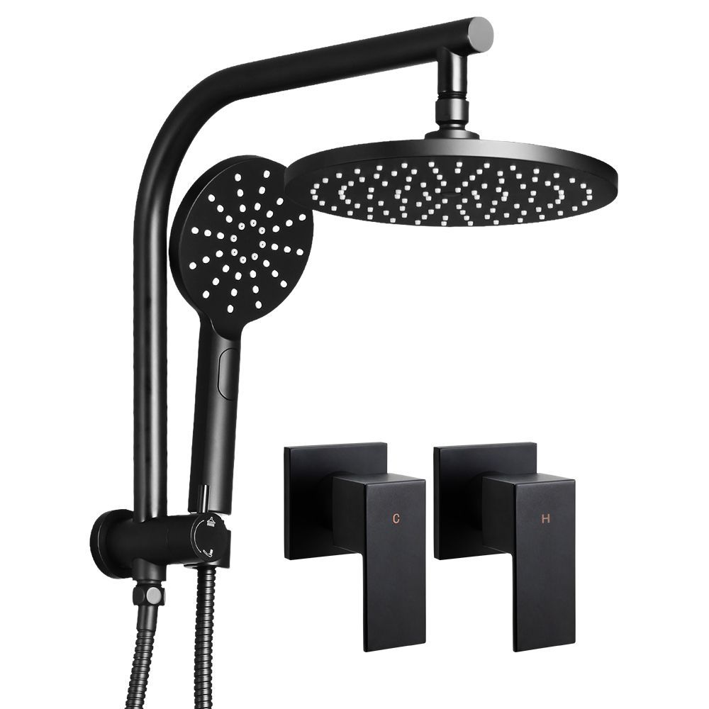 WELS Round 9 inch Rain Shower Head & Taps Set Bathroom Handheld Spray Bracket Rail Mat Black