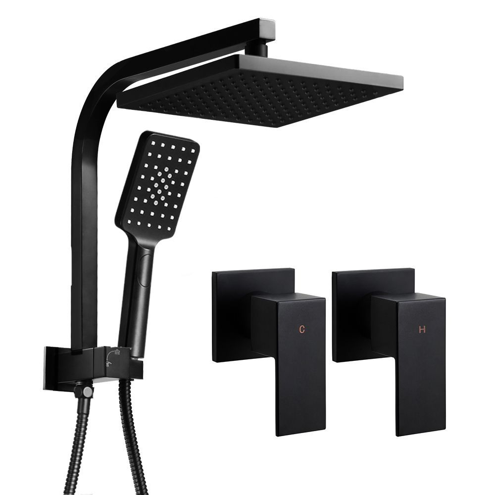 WELS Square 8 inch Rain Shower Head & Taps Set Bathroom Handheld Spray Bracket Rail Mat Black