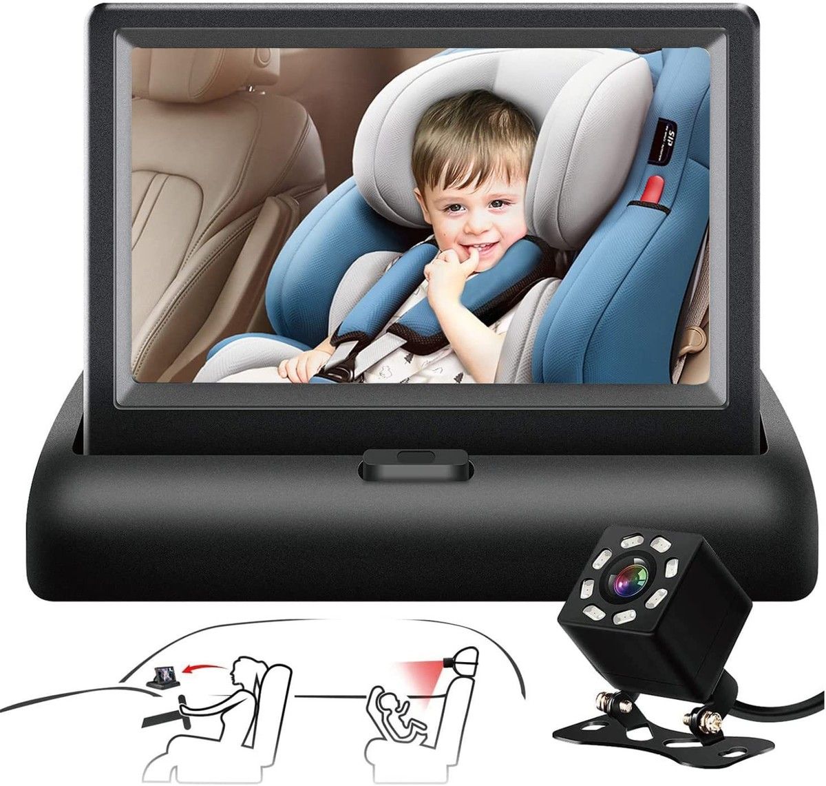 Baby Car Mirror 4.3 HD Night Vision Function Car Mirror Display, Safety Car Seat Mirror Camera Monitored Wide Crystal Clear View