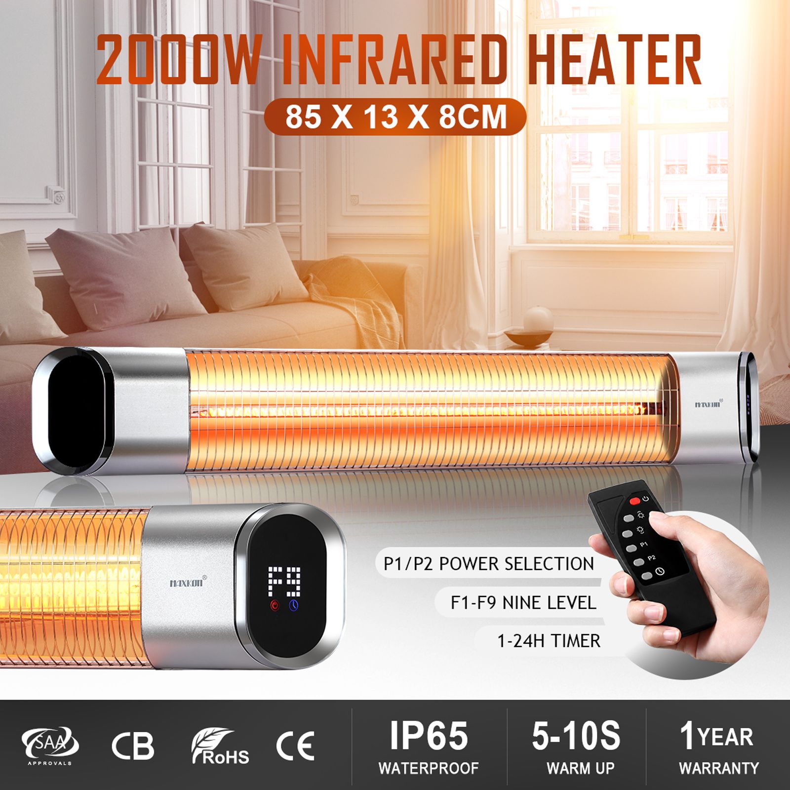 Maxkon 2000W Carbon Fibre Infrared Heater Indoor Outdoor Heater Electric Patio Instant Heater with Remote Control