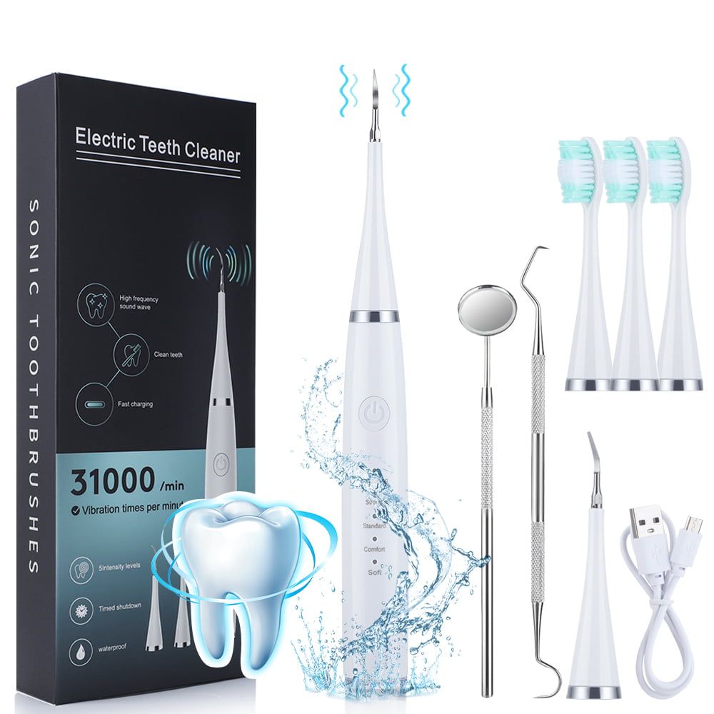 Electric Tooth Cleaner, Dental Calculus Remover,Tooth Scraper Teeth Cleaning Kit with 3 Cleaning Heads, 5 Modes, Oral Mirror, White