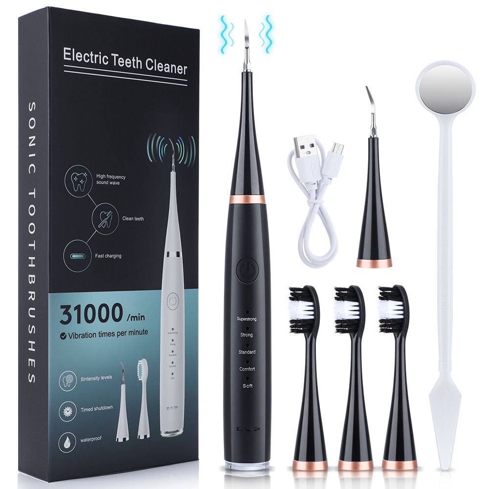 Electric Tooth Cleaner, Dental Calculus Remover,Tooth Scraper Teeth Cleaning Kit with 3 Cleaning Heads, 5 Modes, Oral Mirror, Black