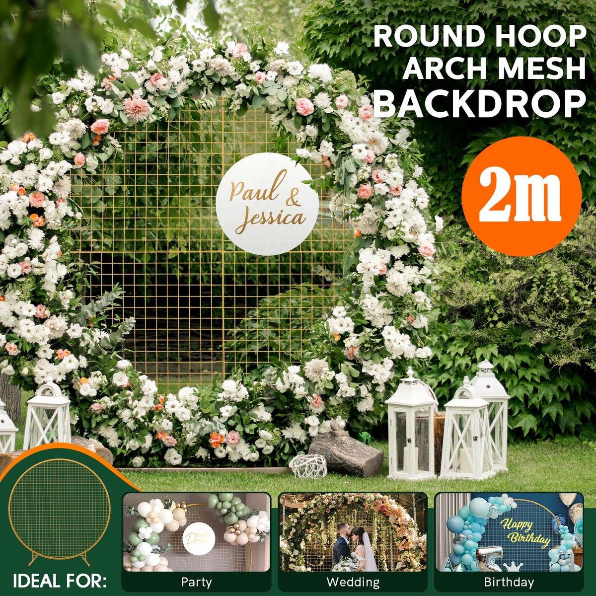 Round Backdrop Stand Arch Mesh Hoop Wedding Photo Party Metal Frame Circle Balloon Flower Decoration Holder 2M Gold
