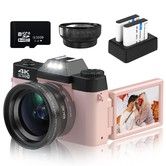 Digital Camera,4K 48MP Vlogging Camera 16X Digital Zoom Manual Focus Rechargeable Students Compact Camera,32G Micro Card and 2 Batteries (Pink)
