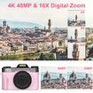 Digital Camera,4K 48MP Vlogging Camera 16X Digital Zoom Manual Focus Rechargeable Students Compact Camera,32G Micro Card and 2 Batteries (Pink)