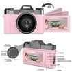Digital Camera,4K 48MP Vlogging Camera 16X Digital Zoom Manual Focus Rechargeable Students Compact Camera,32G Micro Card and 2 Batteries (Pink)