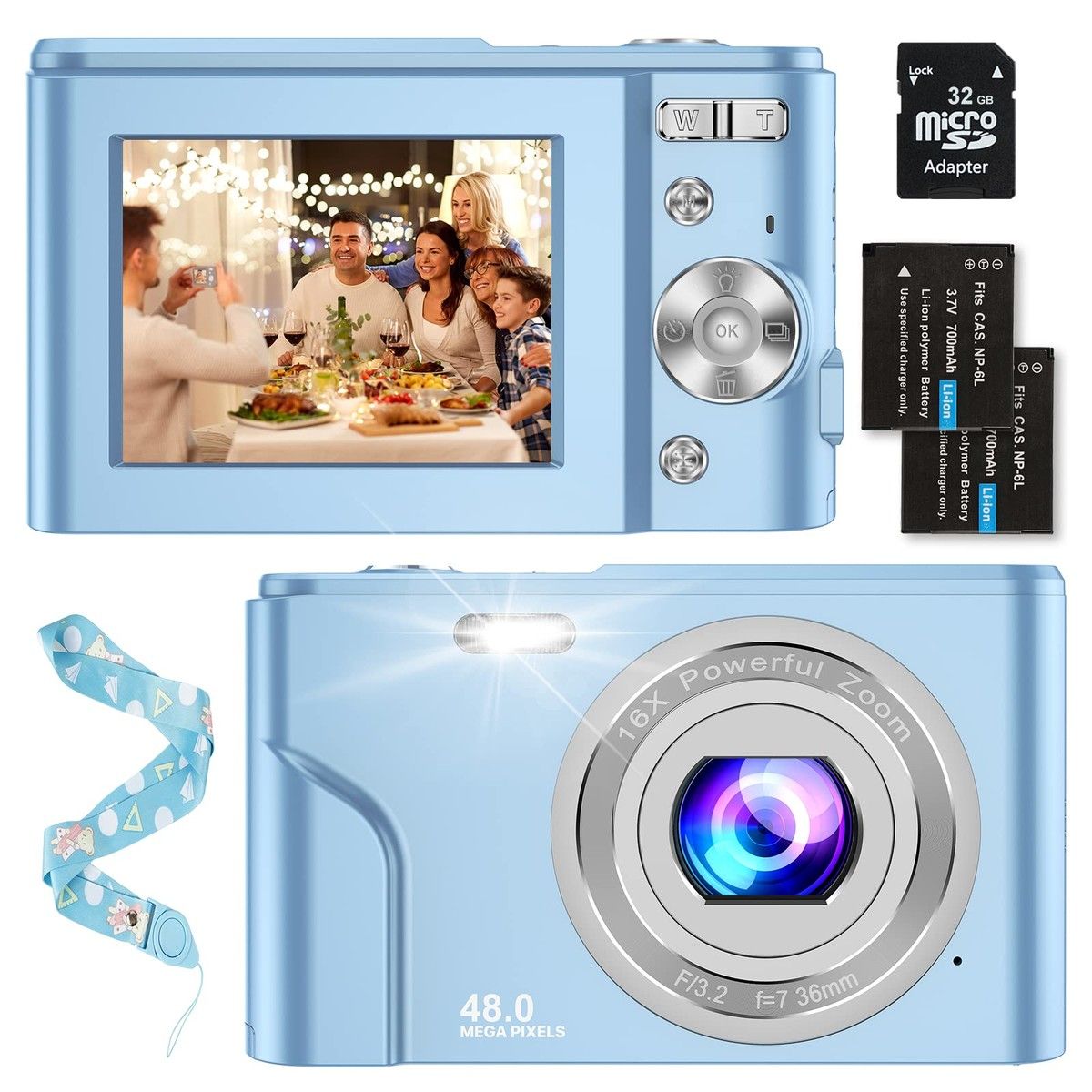 Digital Camera,1080P 48MP Camera with 32GB SD Card,2.4 Inch Digital Camera with 16X Digital Zoom,Compact Mini Camera (light Blue)