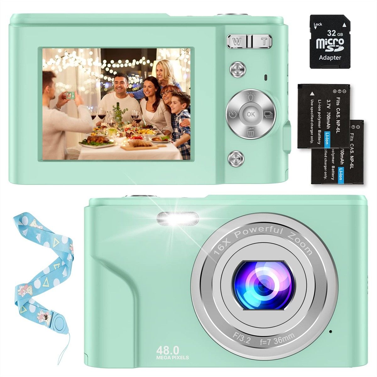 Digital Camera,1080P 48MP Camera with 32GB SD Card,2.4 Inch Digital Camera with 16X Digital Zoom,Compact Mini Camera (Green)