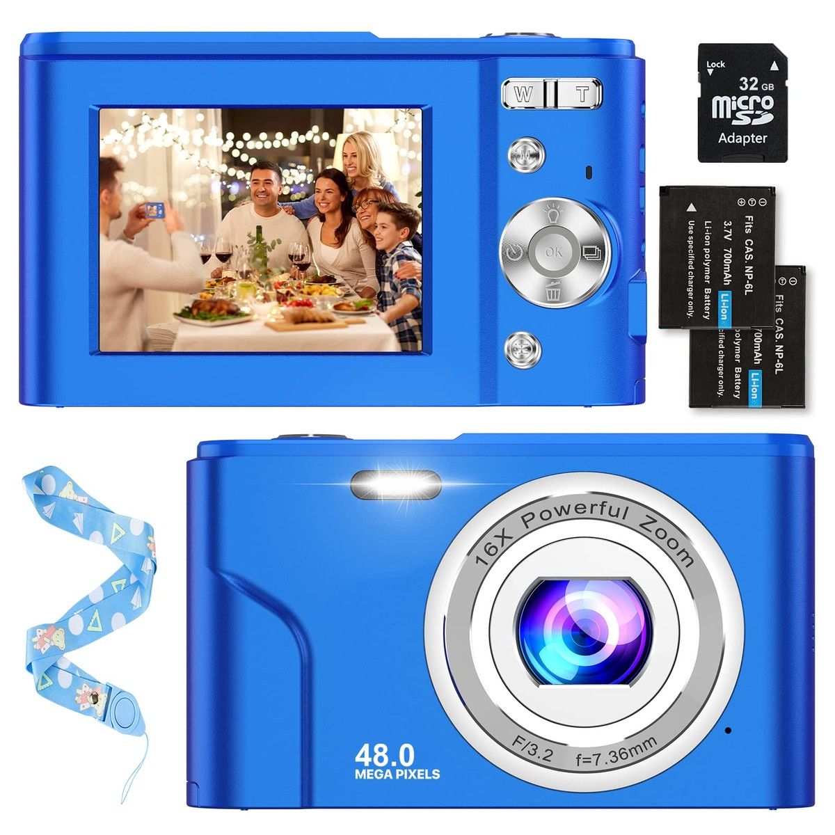 Digital Camera,1080P 48MP Camera with 32GB SD Card,2.4 Inch Digital Camera with 16X Digital Zoom,Compact Mini Camera (Blue)