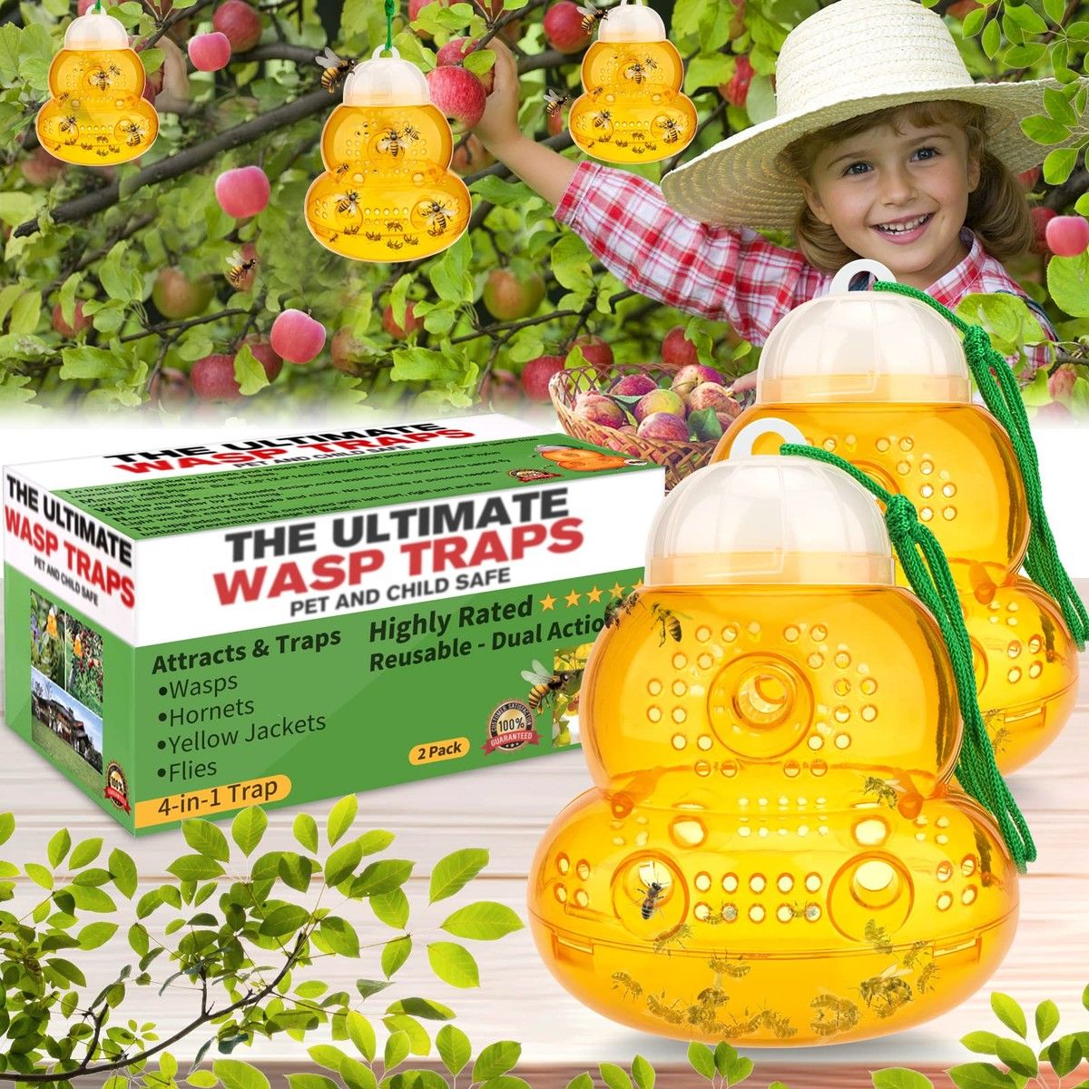 Plastic Wasp Trap Outdoor 2 Pack Bee Trap Yellow Jacket Trap Bee Catcher Hornet Trap No Bottom Seam Hanging for Hornet, Safe, Natural, Effective and Reusable