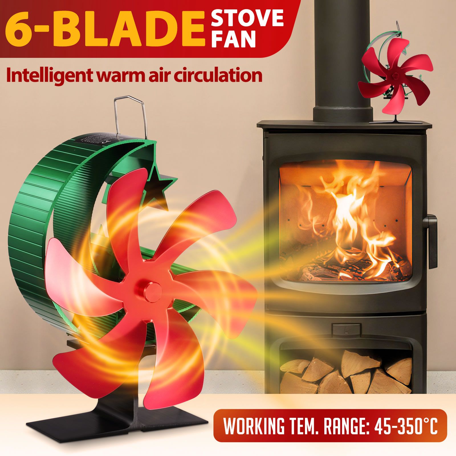 6 Blades Stove Fan Heat Self Powered Wood Log Fireplace Burner Top