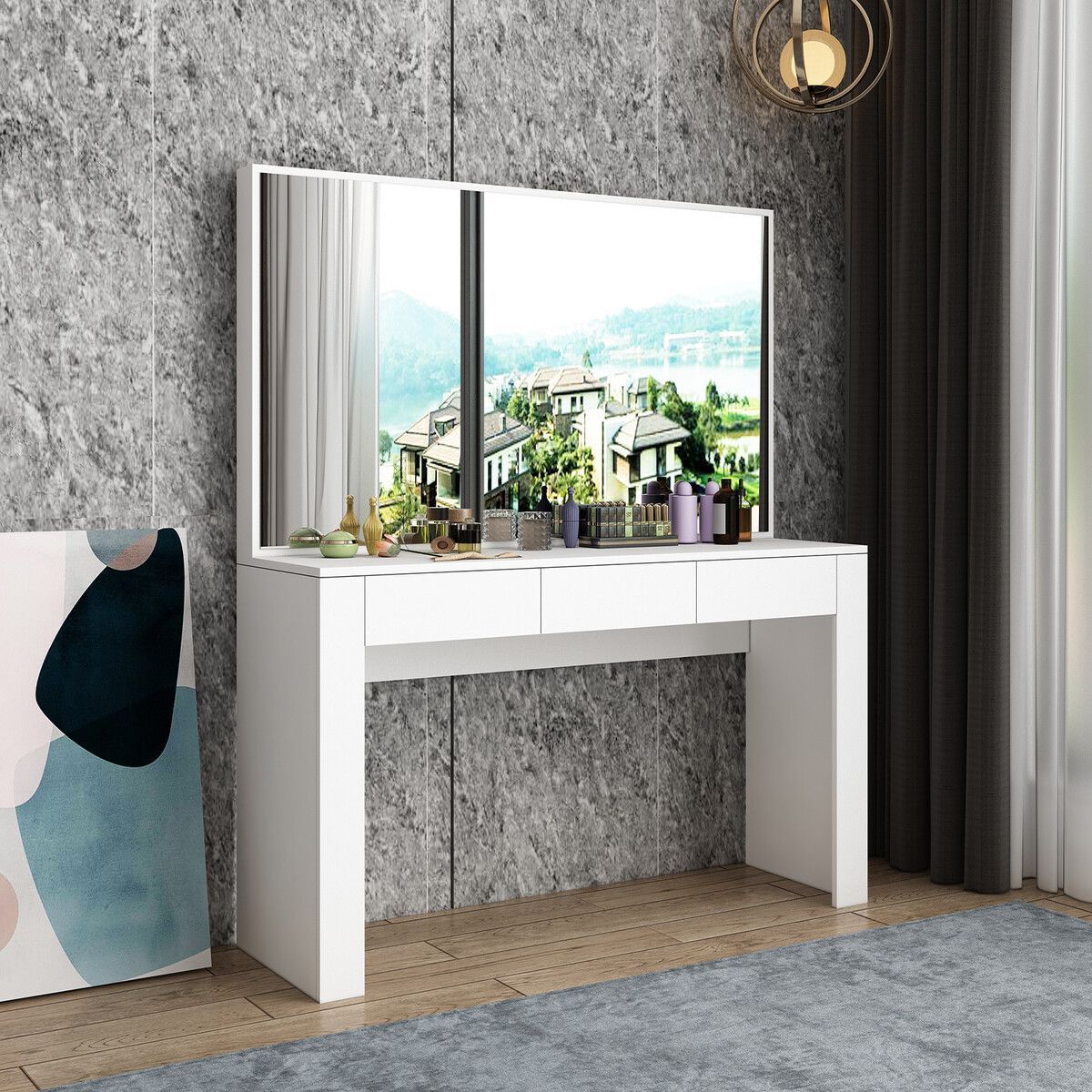 White Dressing Table Vanity Makeup Bedroom with Big Mirror Dresser Modern Wooden Furniture Drawers Storage