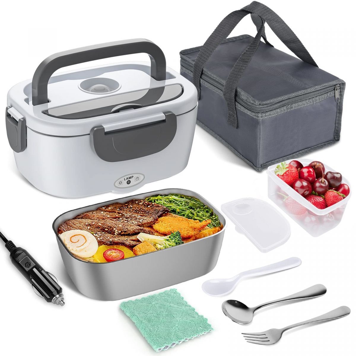Electric Lunch Box Food Heater,Electric Heating Lunch Boxes,1.5L Removable 304 Stainless Steel Container,with Fork & Spoon (white)