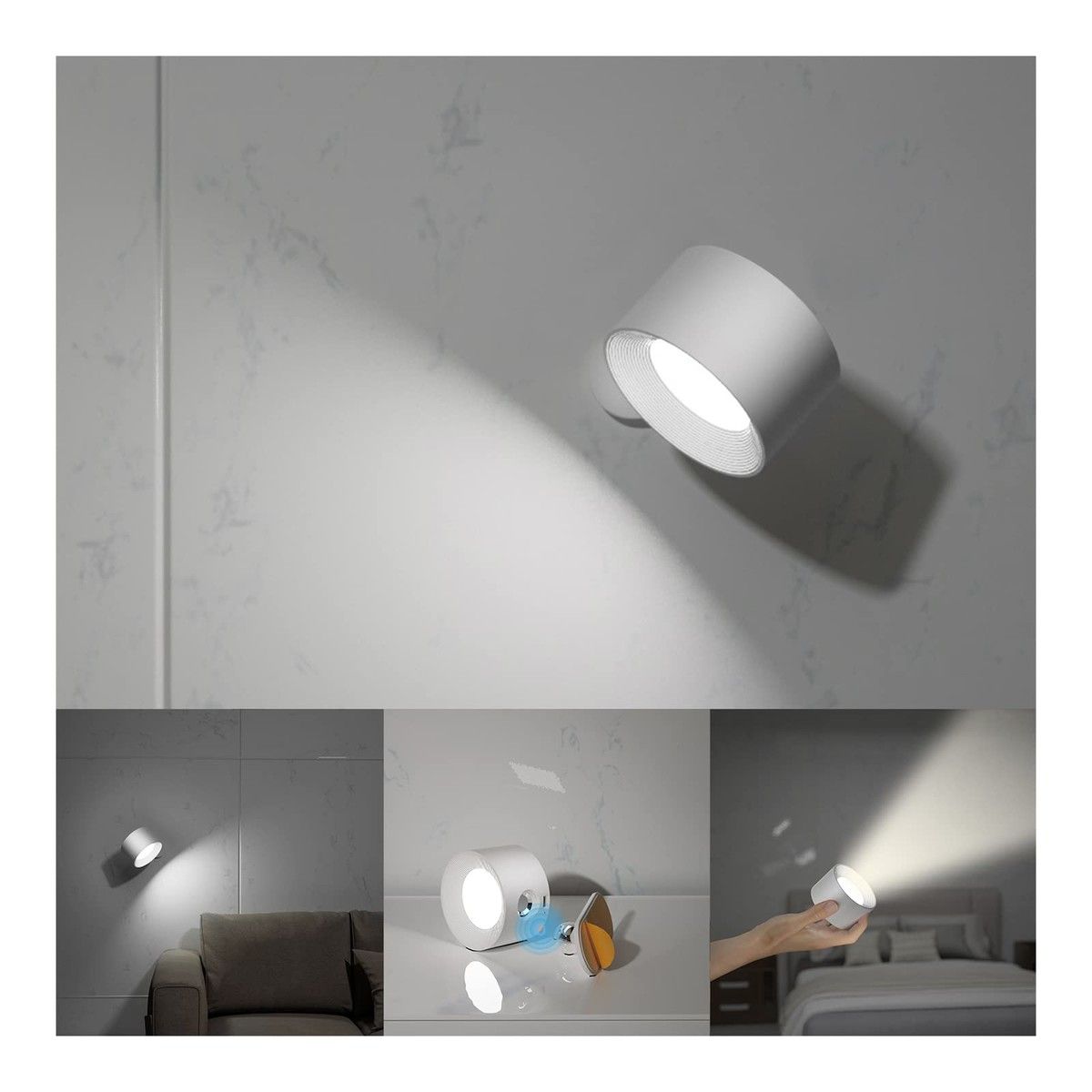 LED Wall Mounted Reading Lights,Wall Sconces with 3 Color Temperatures & 3 Brightness Levels Rechargeable Battery Magnetic Ball 360° Rotation Touch Control,Lamps for Kids Study Bedside Closet (White)