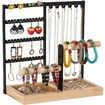 Jewelry Organizer Stand 4 Tier Jewelry Display Stand Holder with Wood Base Tray & Jewelry Storage Tower, for Necklace Bracelet Rings Watches, (Black)