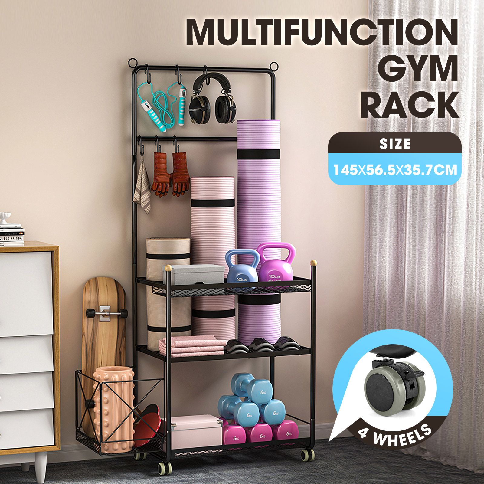 Yoga Mat Ball Storage Rack Weight Dumbbell Kettlebell Shelves Shelf Garage  Racking Holder Steel Stand Gym Organizer with Hooks Wheels