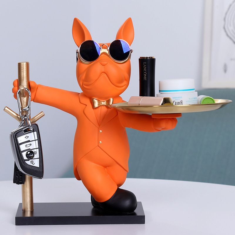 Modern Bulldog Statue with Tray Candy Dish Desk Organizer Ornament for Living Room Tabletop Home Decoration-Orange