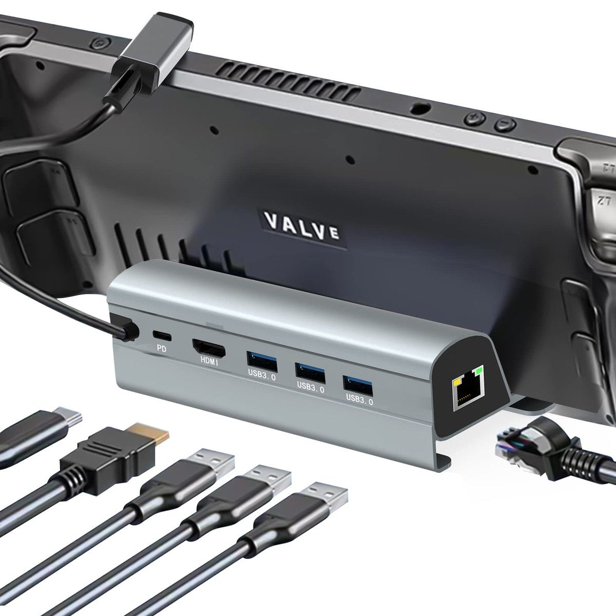 Steam Deck Dock,Aluminum Alloy 6-in-1 Docking Station with HDMI 2.0 Upgraded 4K 60Hz,Gigabit Ethernet,3 USB 3.0 Port and USB-C PD Port