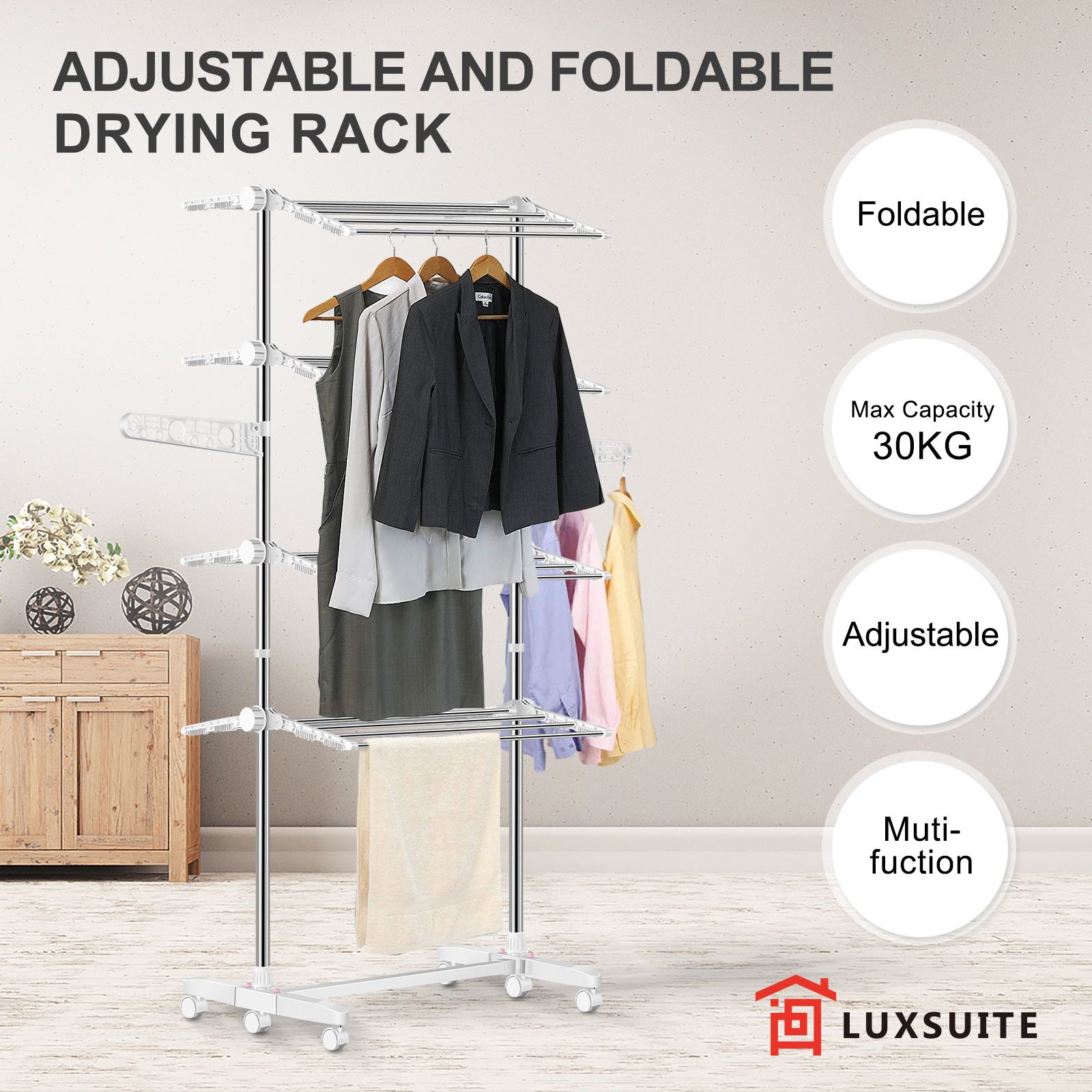 4 Tier Clothes Airer Clothing Drying Rack Cloth Coat Pants Hanger Portable Standing Foldable