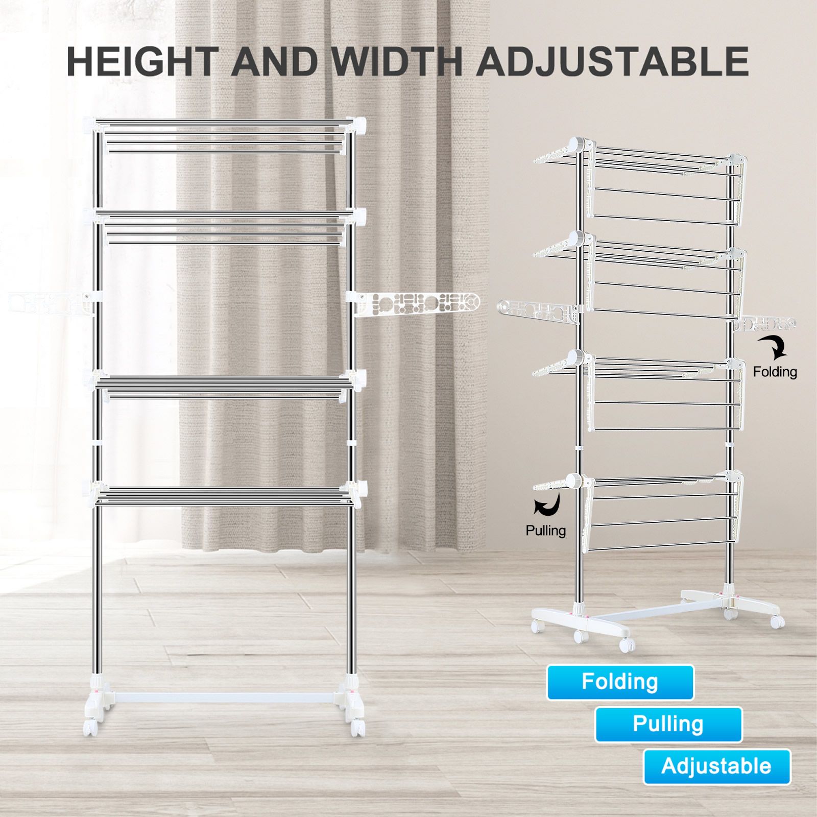 4 Tier Clothes Airer Clothing Drying Rack Cloth Coat Pants Hanger Portable Standing Foldable