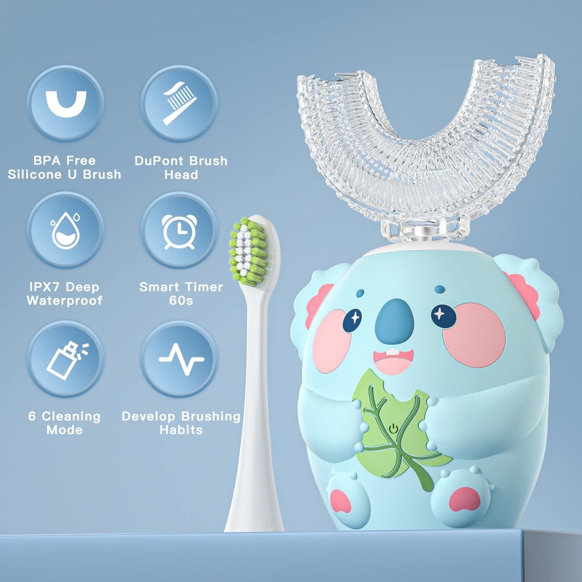 Kids U Shaped Electric Toothbrush with 2 Brush Head Cartoon Koala Auto Sonic Toothbrush for Children Age 2-7 Full Mouth Cleaning