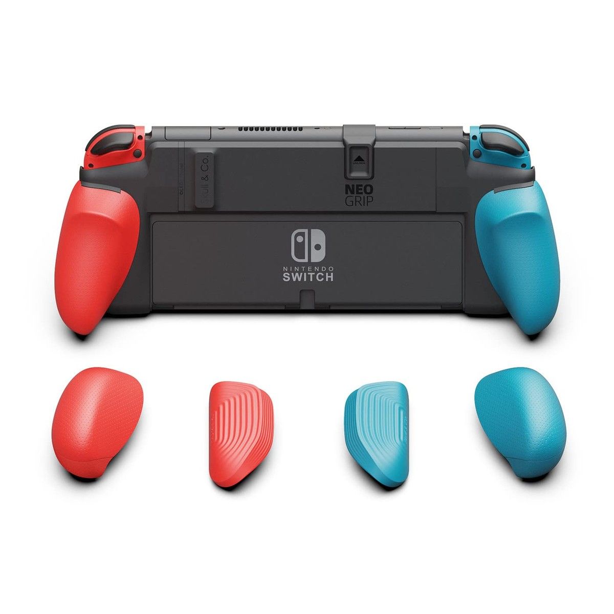 NeoGrip: an Ergonomic Grip Hard Shell with Replaceable Grips [to fit All Hands Sizes] for Nintendo Switch OLED and Regular Model (Red+Blue)