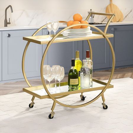 Gold Bar Cart Drinks Trolley Coffee Wine Tea Kitchen Serving Rack Round Outdoor Shelf Vintage with 2 Mirror Shelves Handle