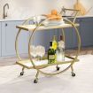 Gold Bar Cart Drinks Trolley Coffee Wine Tea Kitchen Serving Rack Round Outdoor Shelf Vintage with 2 Mirror Shelves Handle