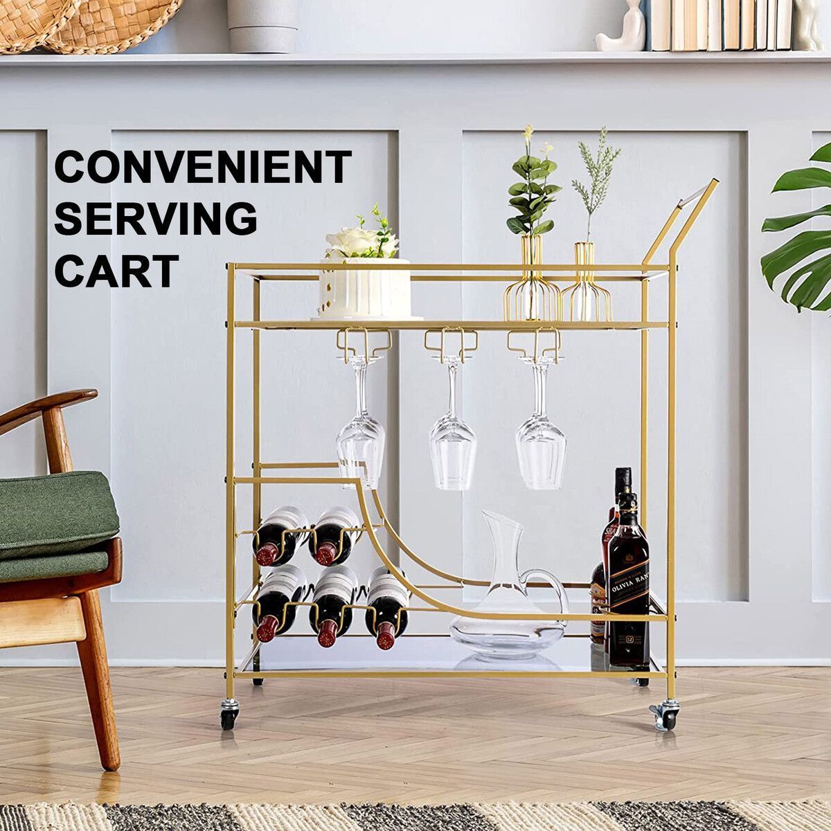 Gold Bar Cart Drinks Trolley Wine Coffee Tea Kitchen Serving Rack Wine Hooks Holders Rack Curtain Wall Mirror Shelves