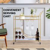 Gold Bar Cart Drinks Trolley Wine Coffee Tea Kitchen Serving Rack Wine Hooks Holders Rack Curtain Wall Mirror Shelves