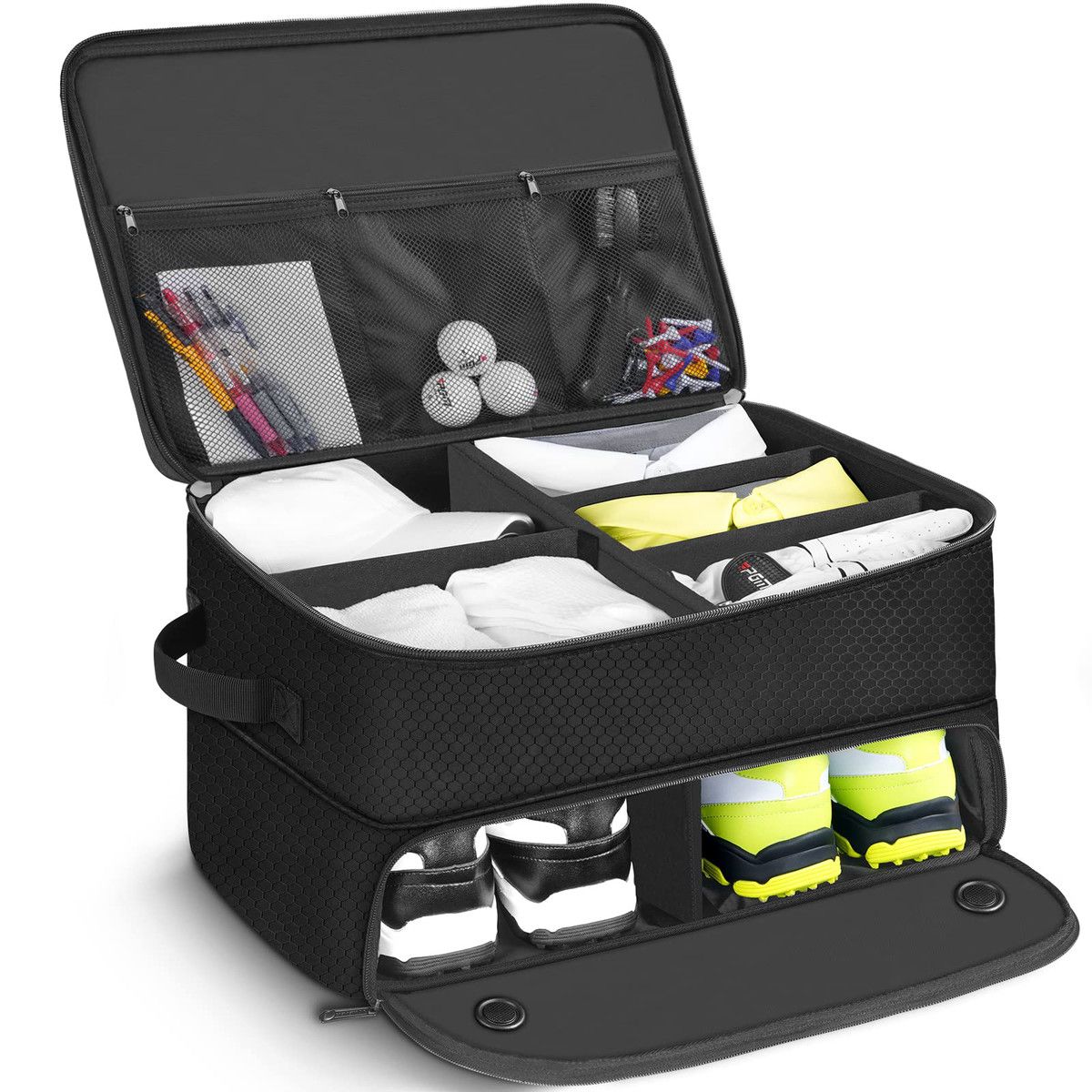 2 Layer Golf Trunk Organizer,Waterproof Car Golf Locker with Separate Ventilated Compartment for 2 Pair Shoes,Durable Golf Trunk Storage,Golf Gifts (Black)