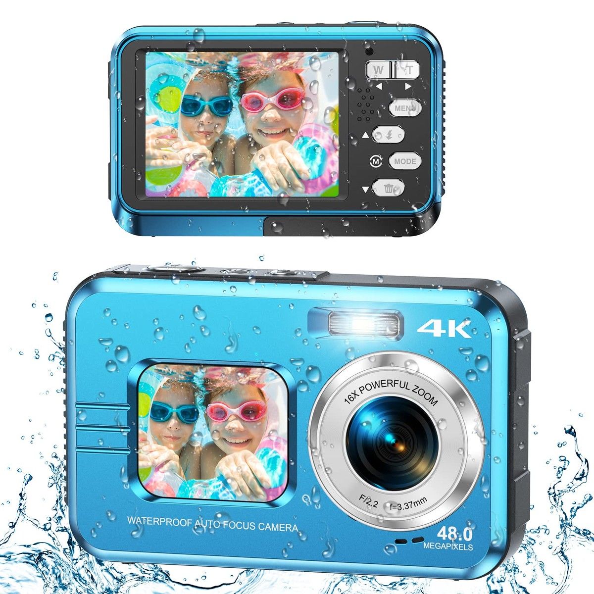 Underwater Cameras,4K Waterproof Digital Camera 48 MP AutoFocus Function Selfie Dual Screens with 16X Digital Zoom Compact Portable 11FT Underwater Camera (Blue)