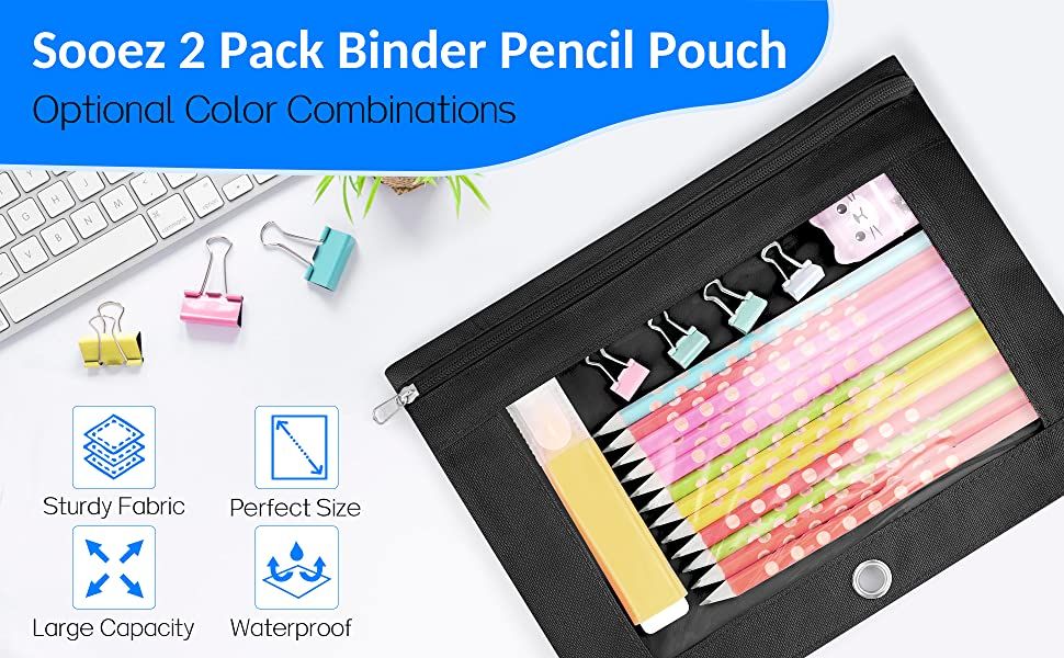 Sooez Pencil Pouch for 3 Ring Binder, 2 Pack Binder Pencil Pouch with Clear  Window Pencil Bags with Zipper & Reinforced Grommets, Pencil Case for