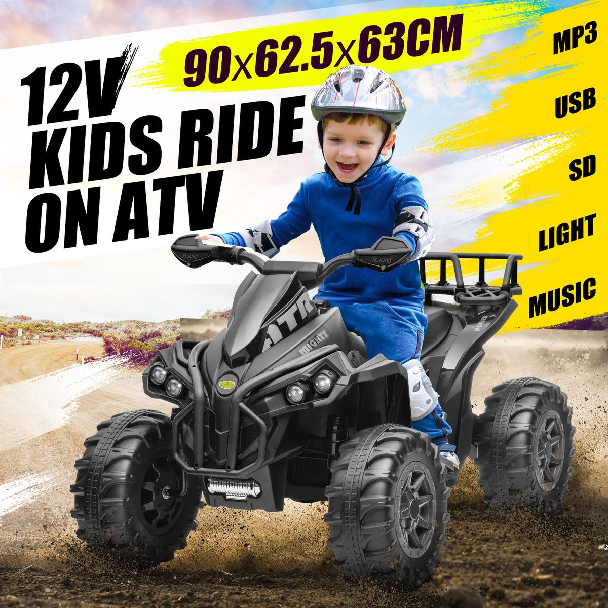 Electric Off Road Ride On Quad Bike 12V Kids Toy 4 Wheeler Children Rechargeable Battery MP3 USB LED Black